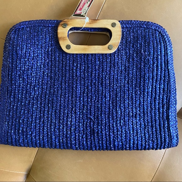 Vintage Woolworth Deadstock NWT Straw Bag Purse Navy Blue Clutch Wood Handle - Picture 2 of 7